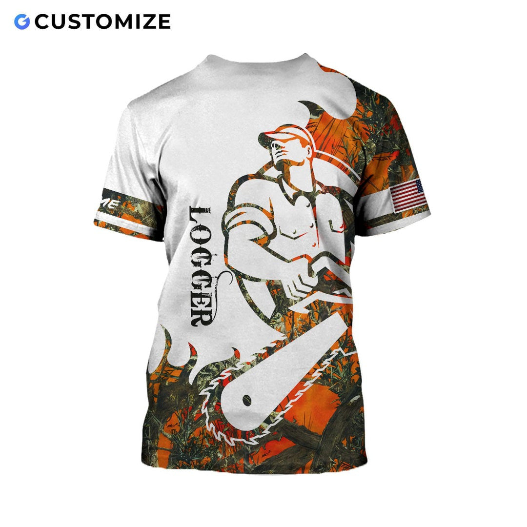Personalized logger t-shirt featuring white camouflage cartoon lumberjack all-over print, back view