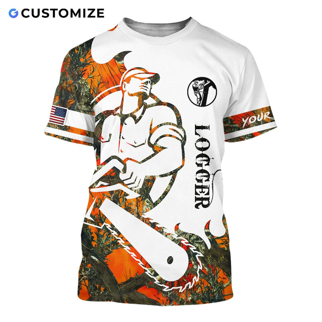 Personalized logger t-shirt featuring white camouflage cartoon lumberjack all-over print, short-sleeve design
