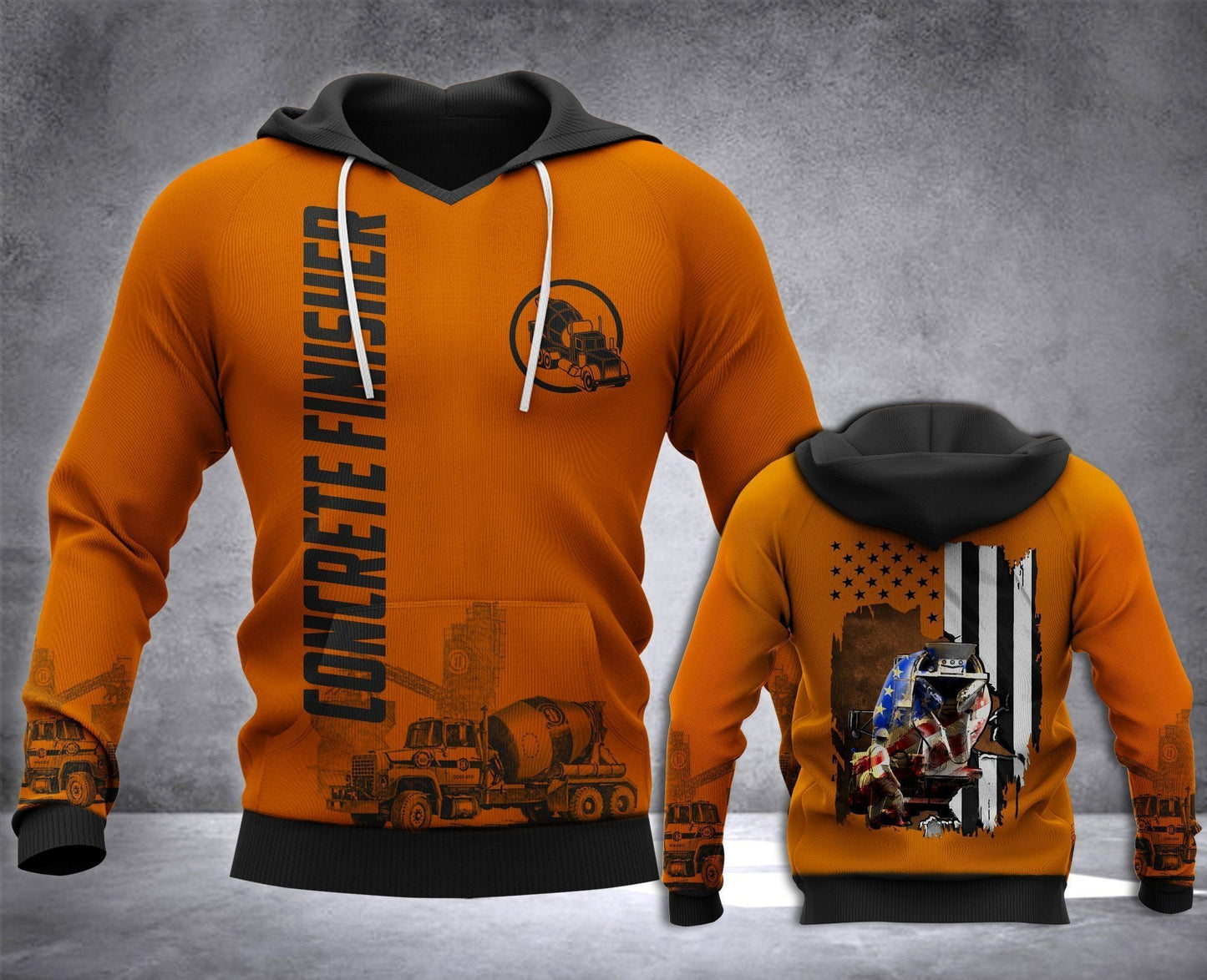 Concrete finisher hoodie featuring orange concrete mixer and illustrated back panel all-over print