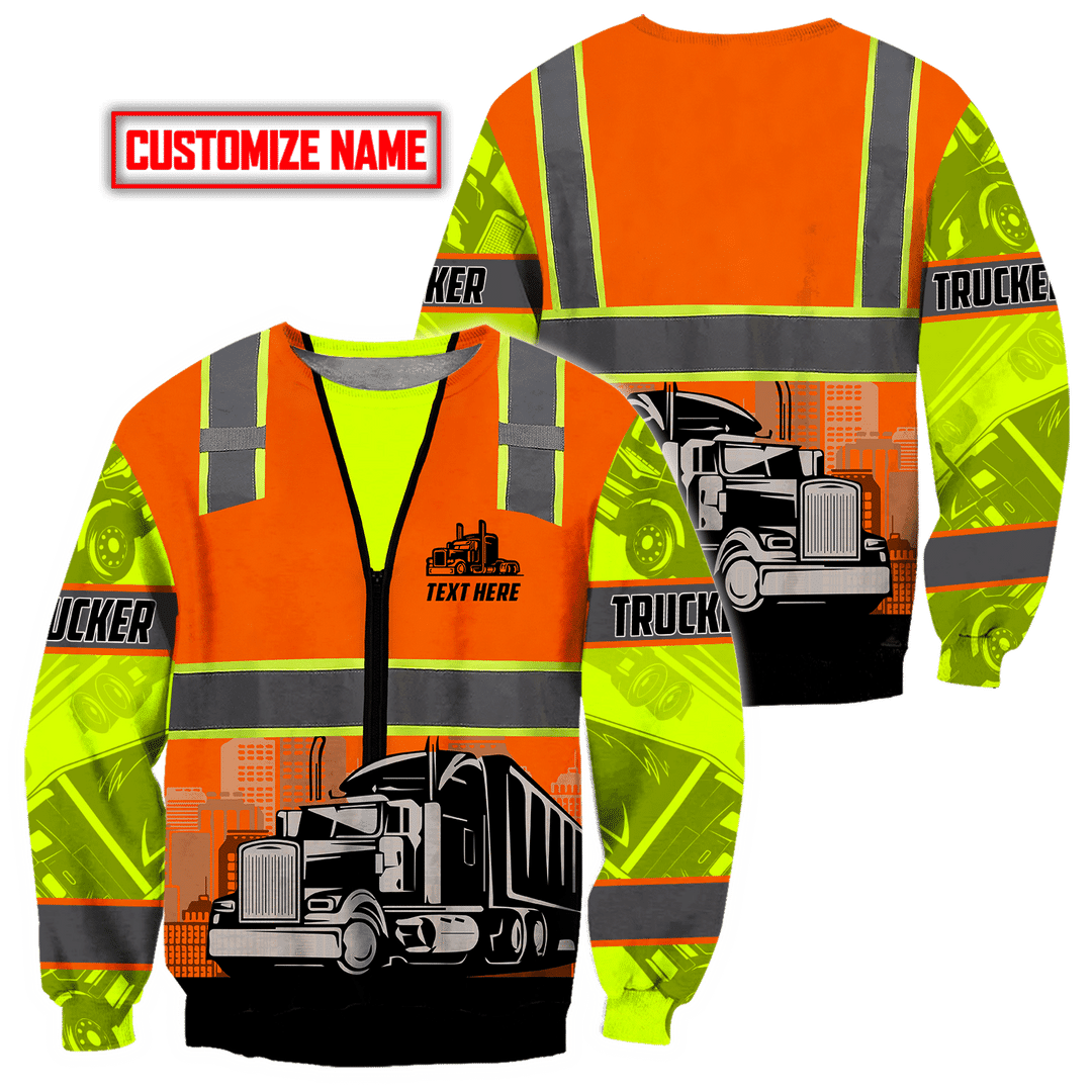Personalized trucker zip hoodie featuring orange vest print semi truck all-over print, zip-front design