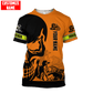 Personalized trucker t-shirt featuring orange black trucker skull all-over print, short-sleeve design