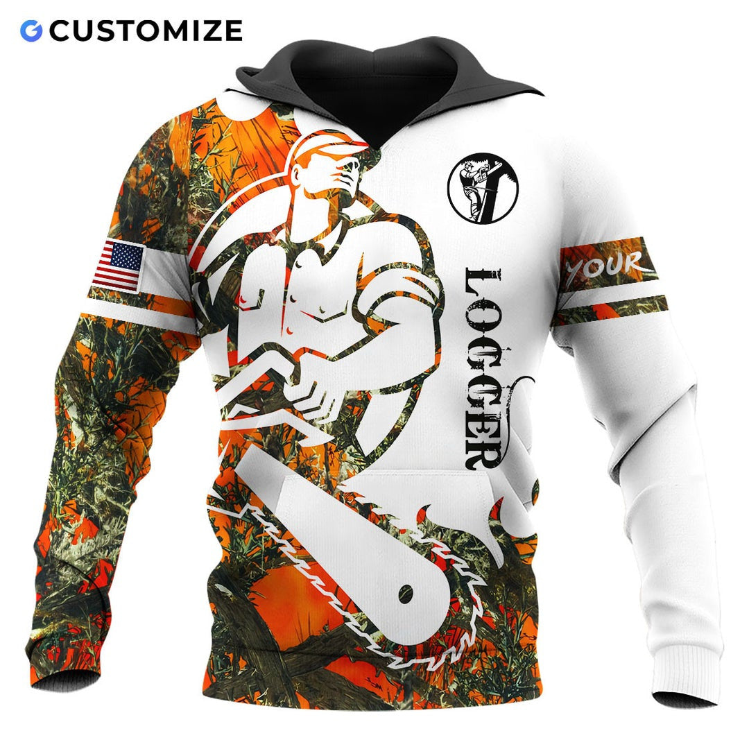 Personalized logger hoodie featuring white camouflage cartoon lumberjack all-over print