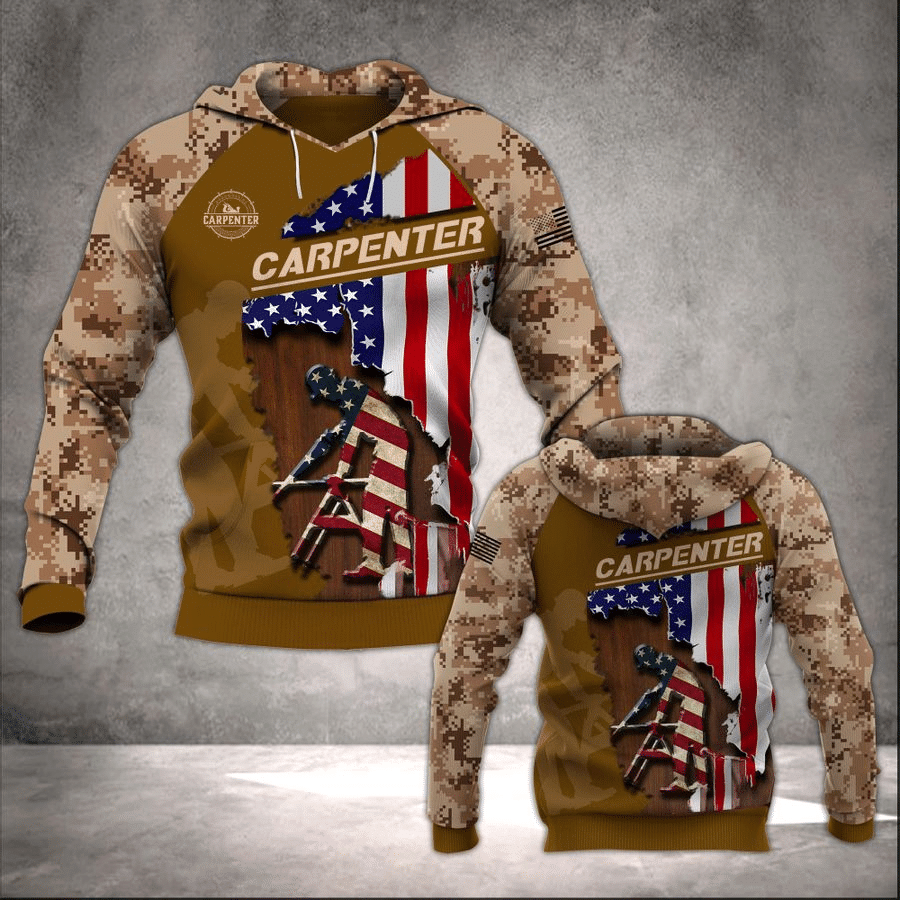 Personalized carpenter hoodie featuring tan camouflage American flag carpenter all-over print