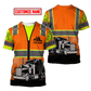 Personalized trucker t-shirt featuring orange vest print semi truck all-over print, short-sleeve design