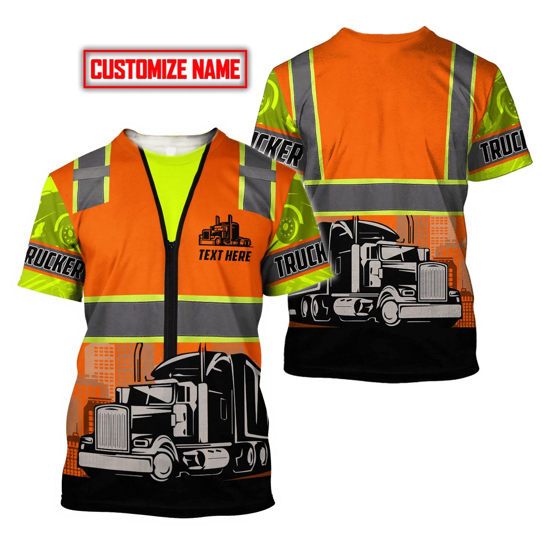 Personalized trucker t-shirt featuring orange vest print semi truck all-over print, short-sleeve design