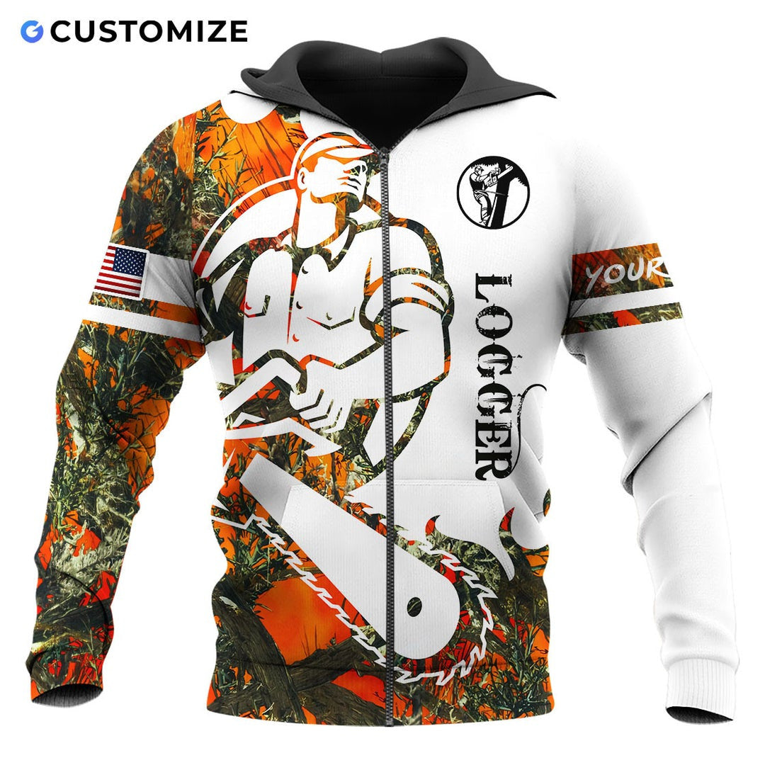 Personalized logger zip hoodie featuring white camouflage cartoon lumberjack all-over print, zip-front design