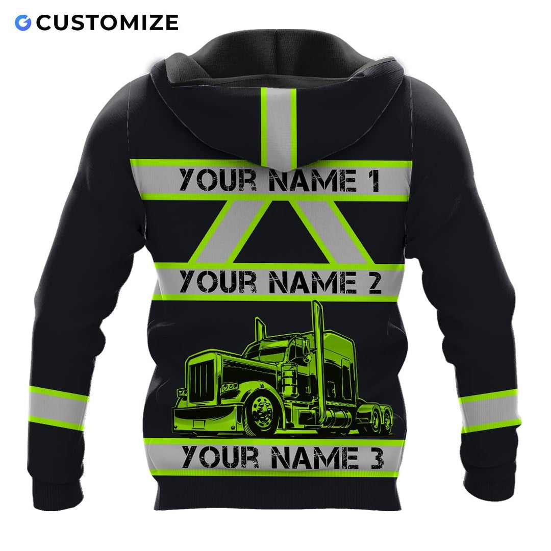 Personalized trucker hoodie featuring black yellow stripe semi truck all-over print, back view
