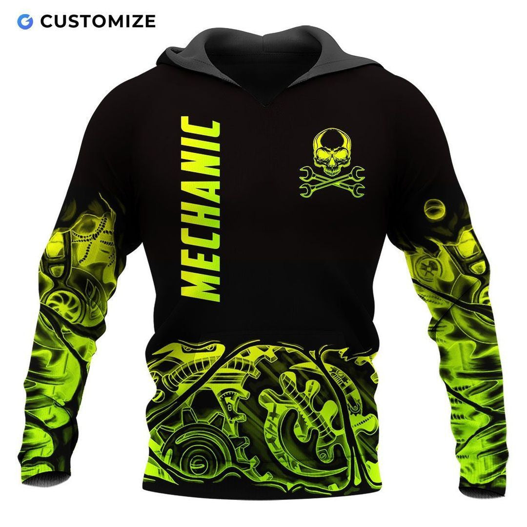 Personalized mechanic hoodie featuring black yellow gear pattern all-over print