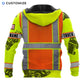 Personalized trucker hoodie featuring orange vest print yellow sleeves all-over print, back view