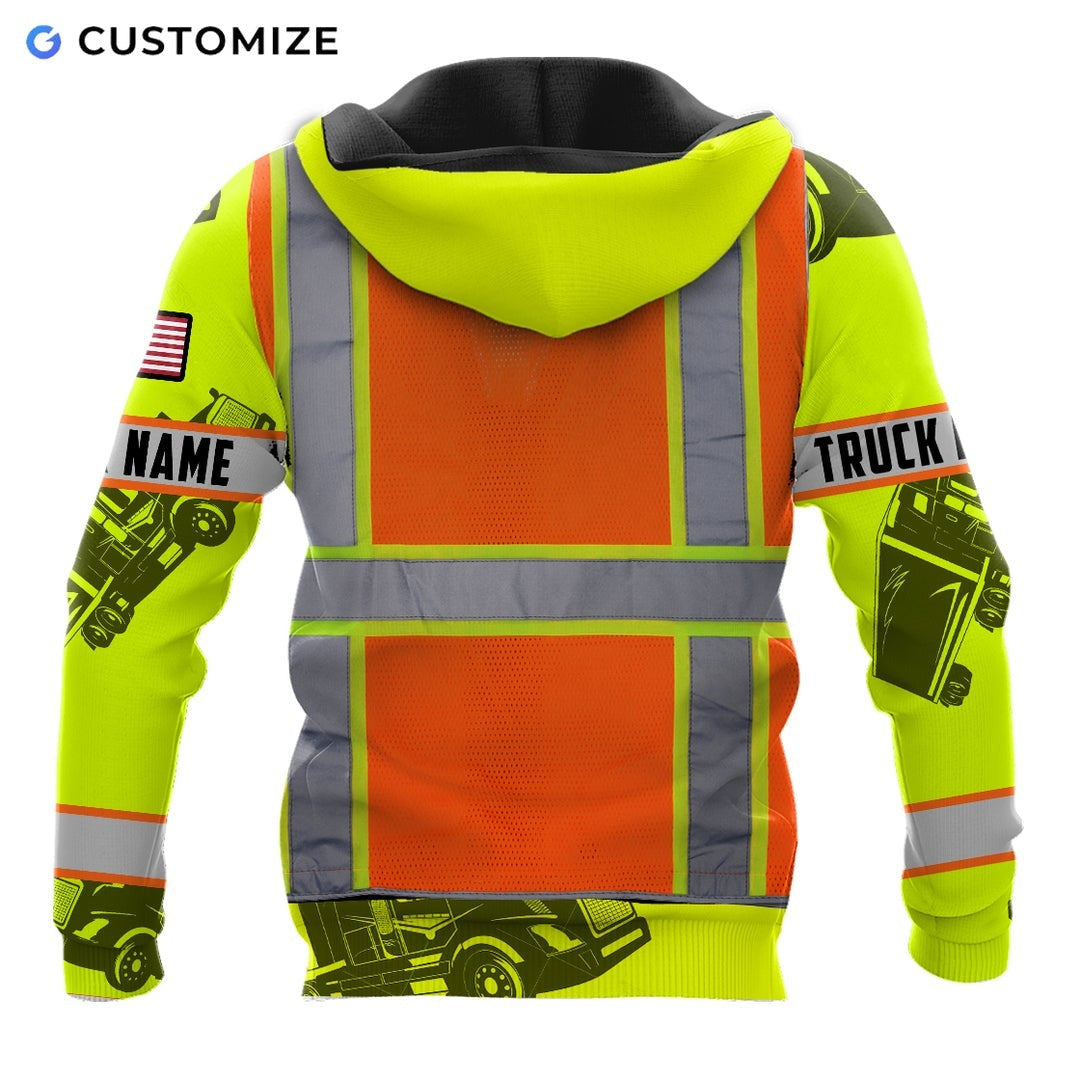 Personalized trucker hoodie featuring orange vest print yellow sleeves all-over print, back view