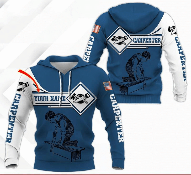 Personalized carpenter hoodie featuring blue white saw badge all-over print