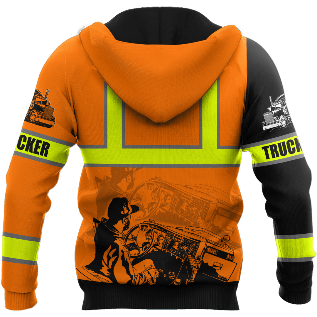 Personalized trucker hoodie featuring orange black trucker skull all-over print, back view