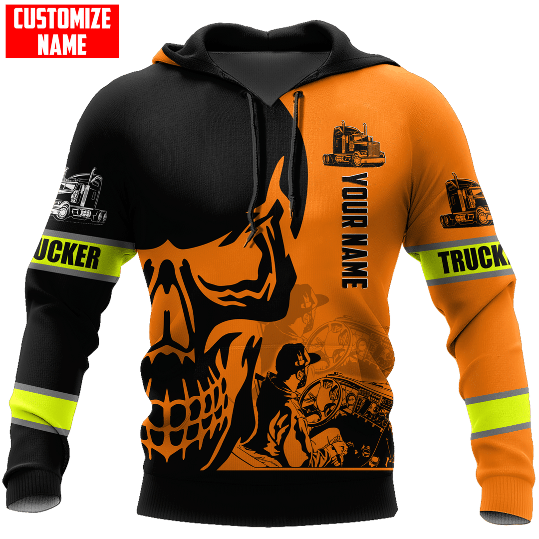 Personalized trucker hoodie featuring orange black trucker skull all-over print