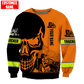 Personalized trucker sweatshirt featuring orange black trucker skull all-over print, crewneck design