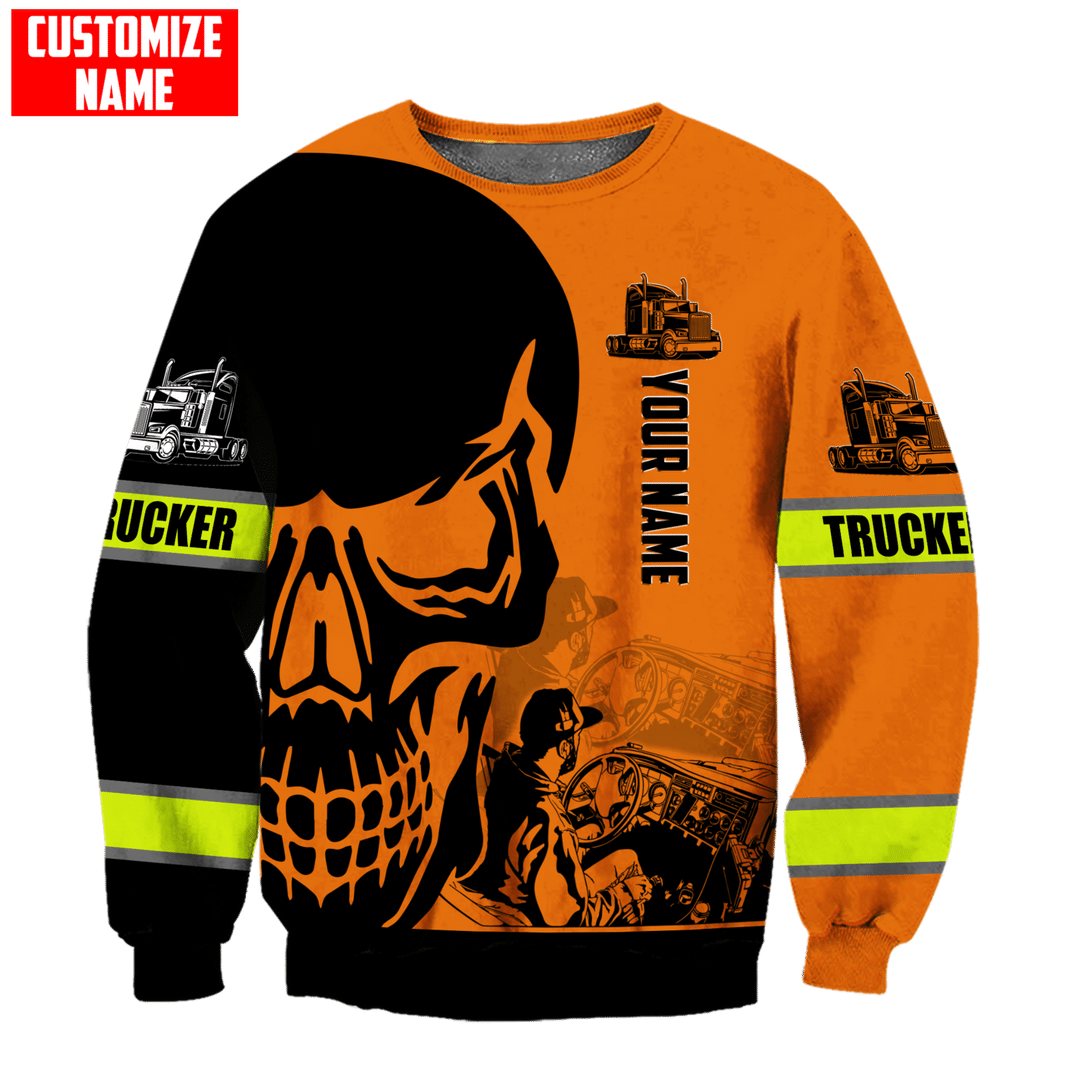 Personalized trucker sweatshirt featuring orange black trucker skull all-over print, crewneck design