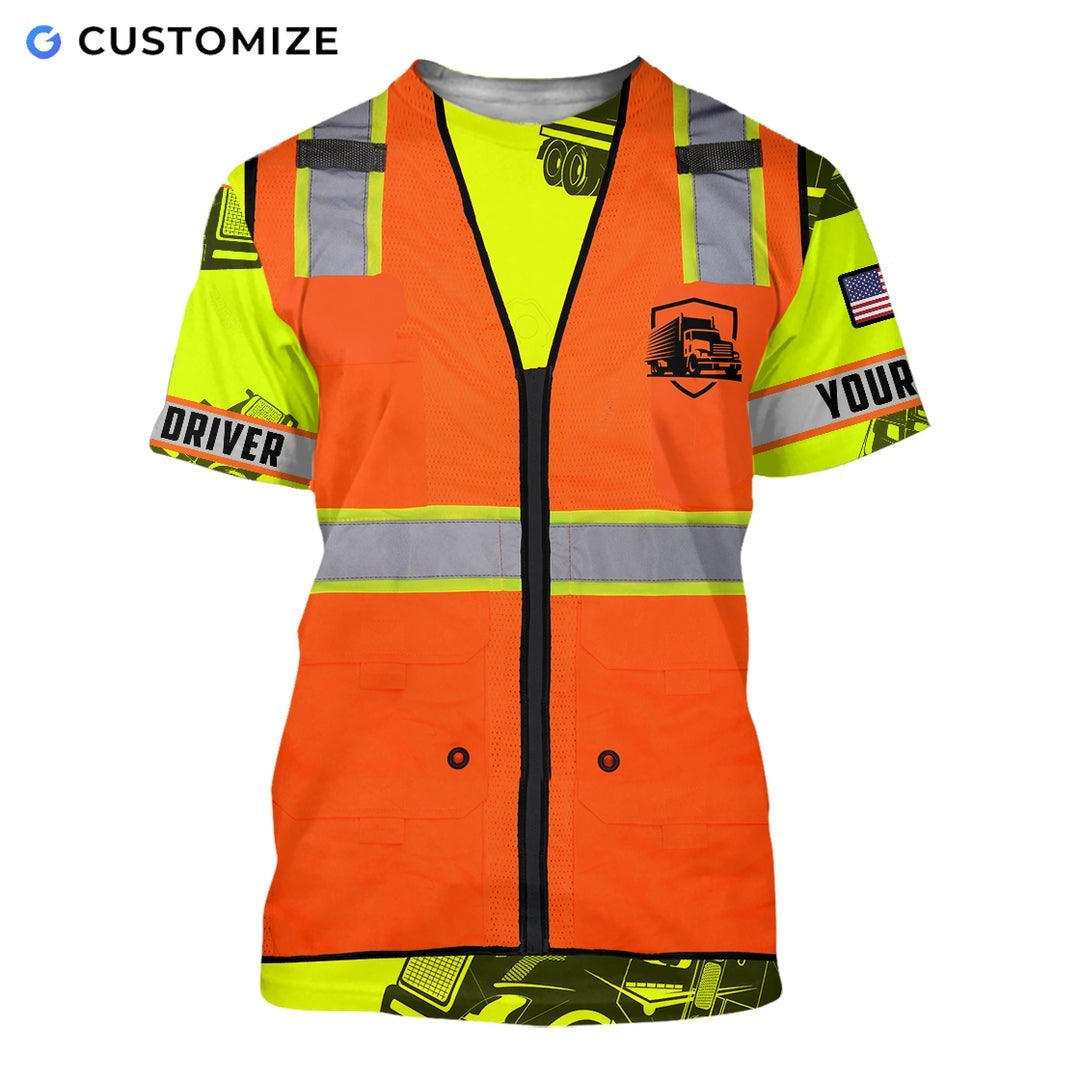 Personalized trucker t-shirt featuring orange vest print yellow sleeves all-over print, short-sleeve design