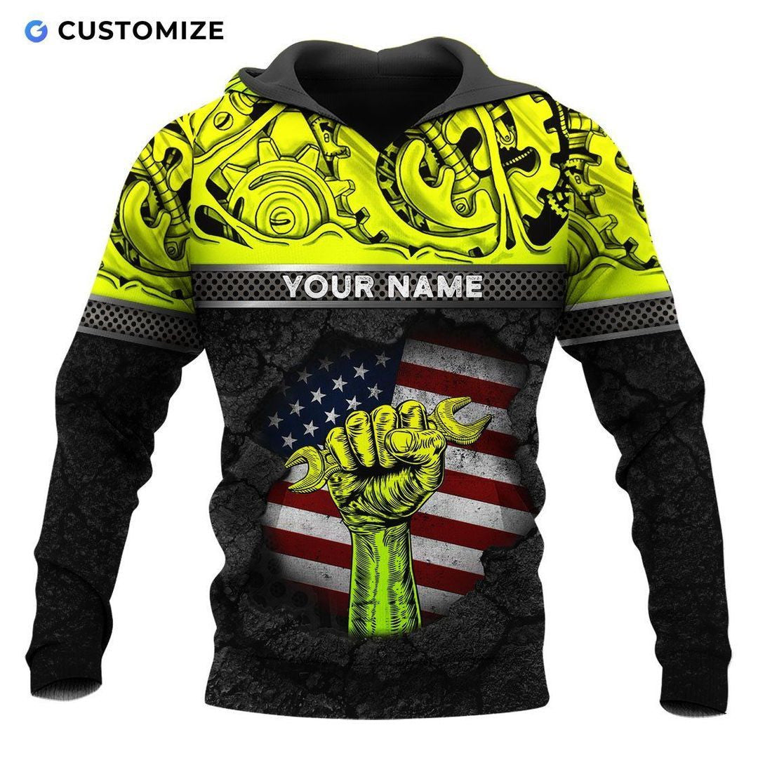 Personalized mechanic hoodie featuring yellow gears wrench fist american flag all-over print