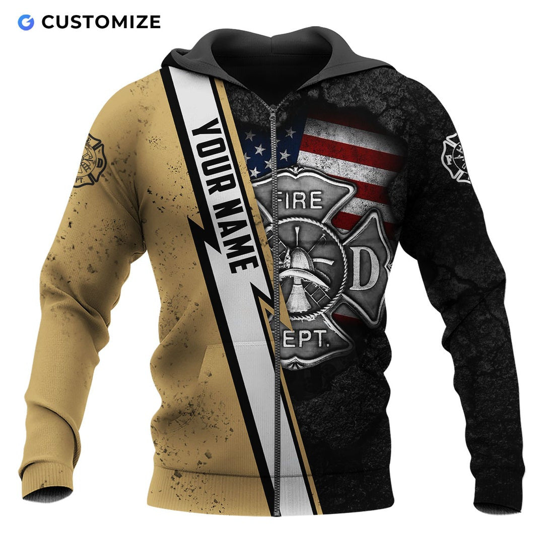 Personalized firefighter zip hoodie featuring fire department name stripe all-over print, zip-front design
