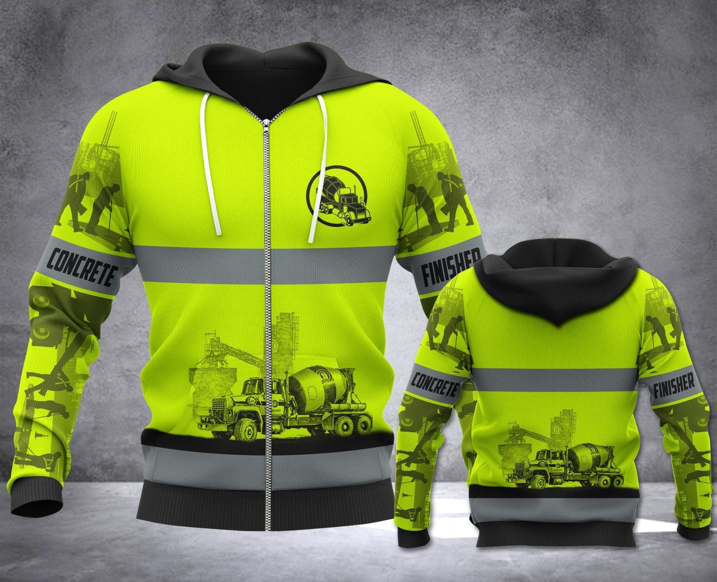 Concrete finisher hoodie featuring yellow concrete mixer stripe print all-over print