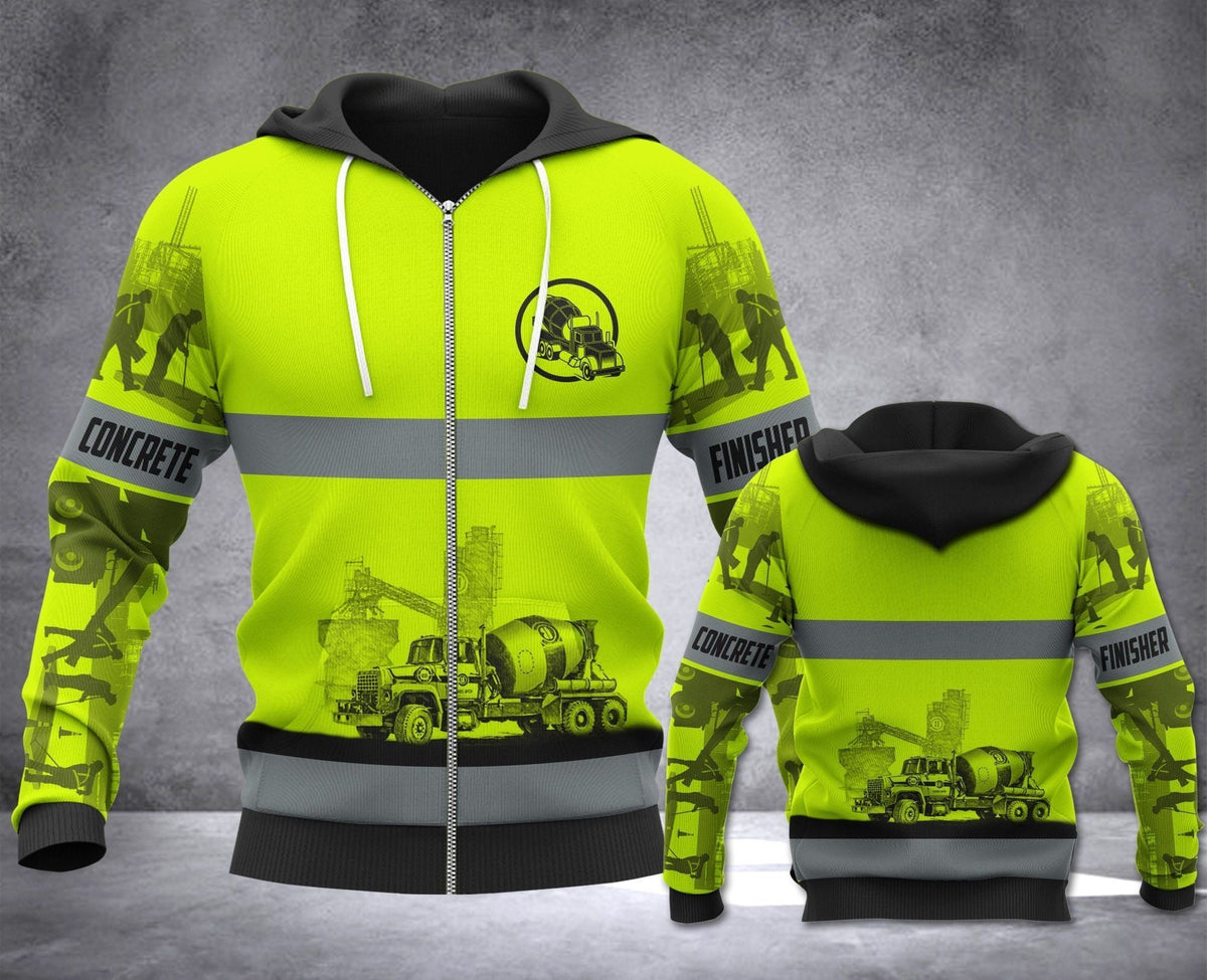 Concrete finisher hoodie featuring yellow concrete mixer stripe print all-over print