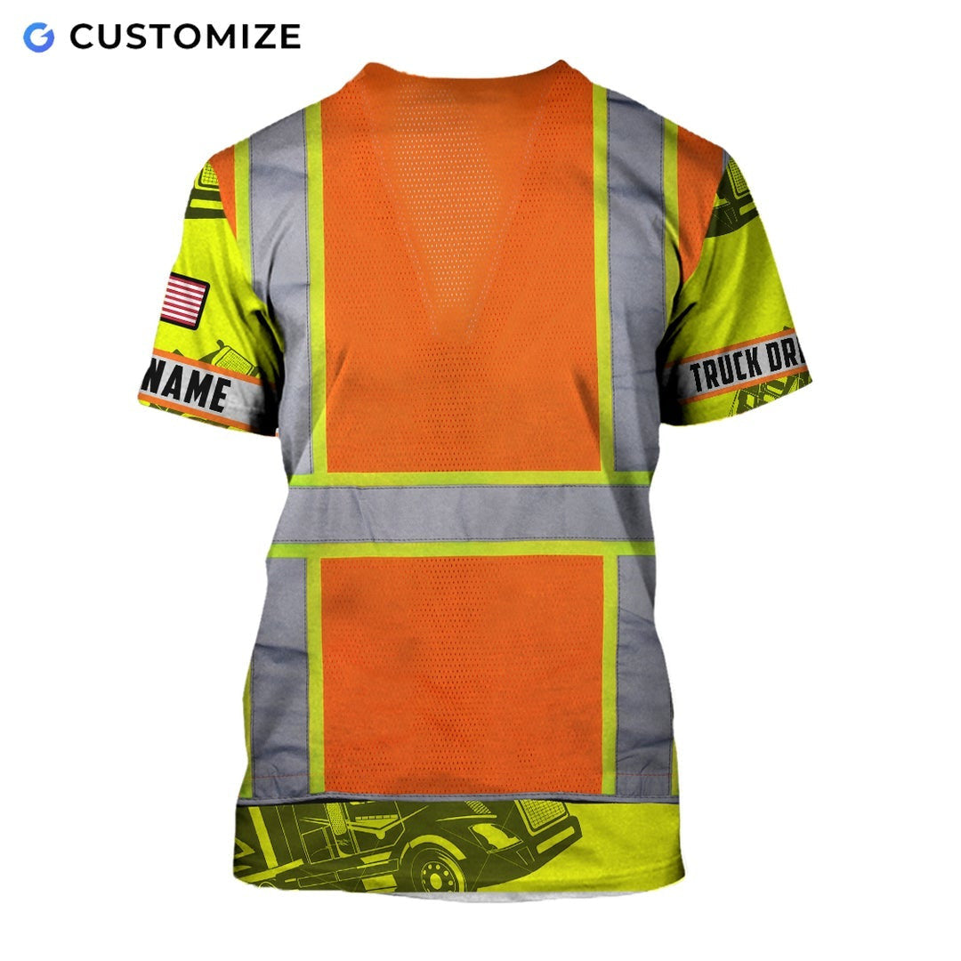 Personalized trucker t-shirt featuring orange vest print yellow sleeves all-over print, back view