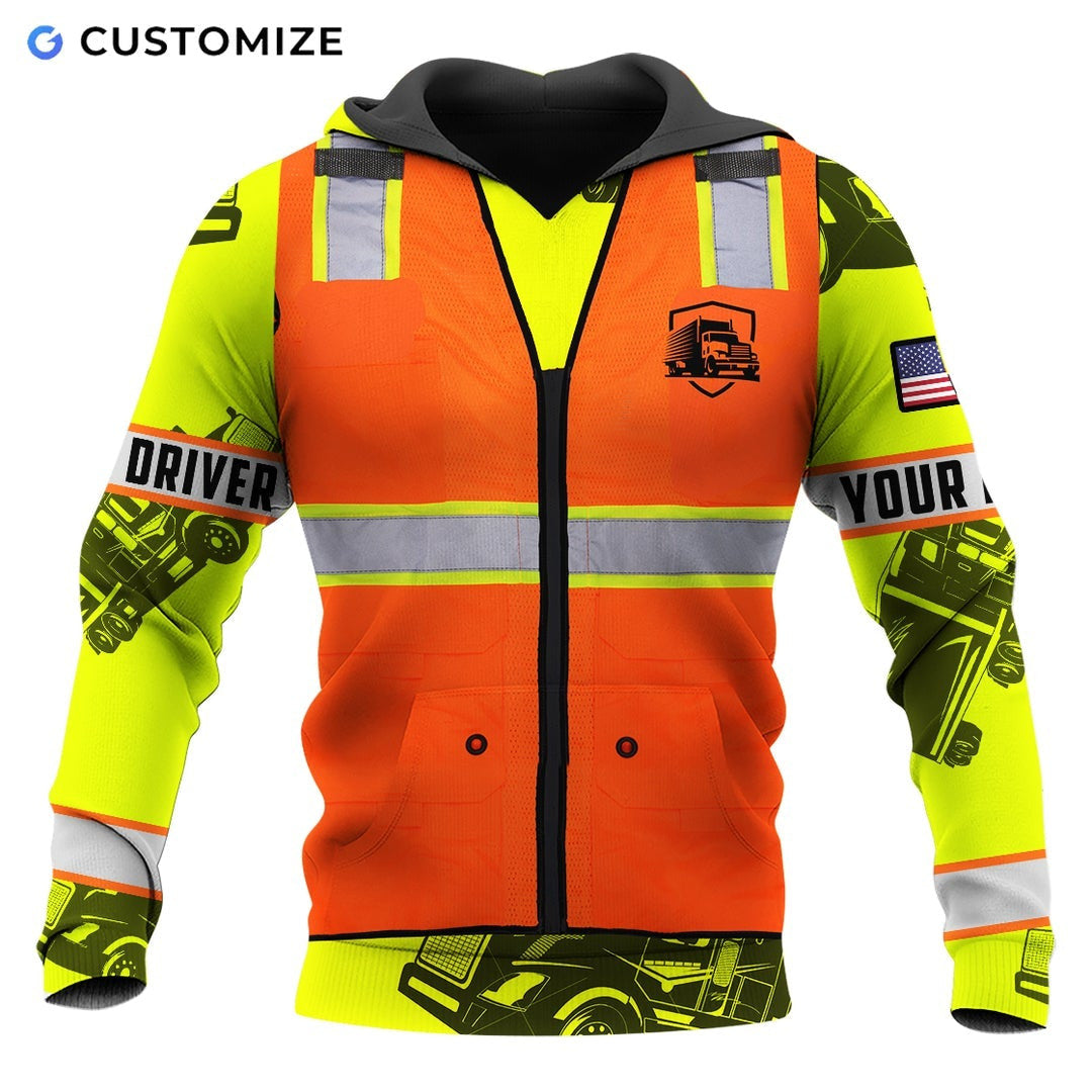 Personalized trucker hoodie featuring orange vest print yellow sleeves all-over print