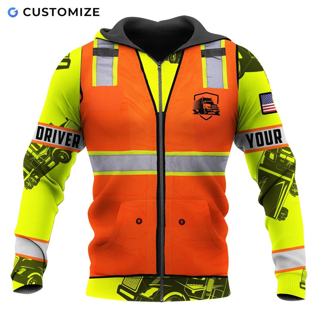Personalized trucker zip hoodie featuring orange vest print yellow sleeves all-over print, zip-front design