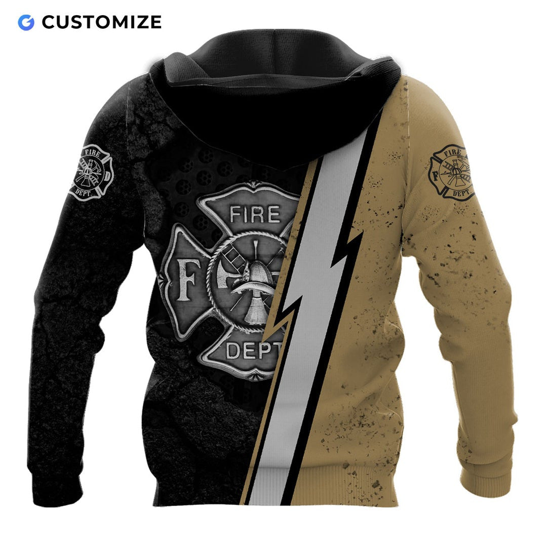 Personalized firefighter hoodie featuring fire department name stripe all-over print, back view
