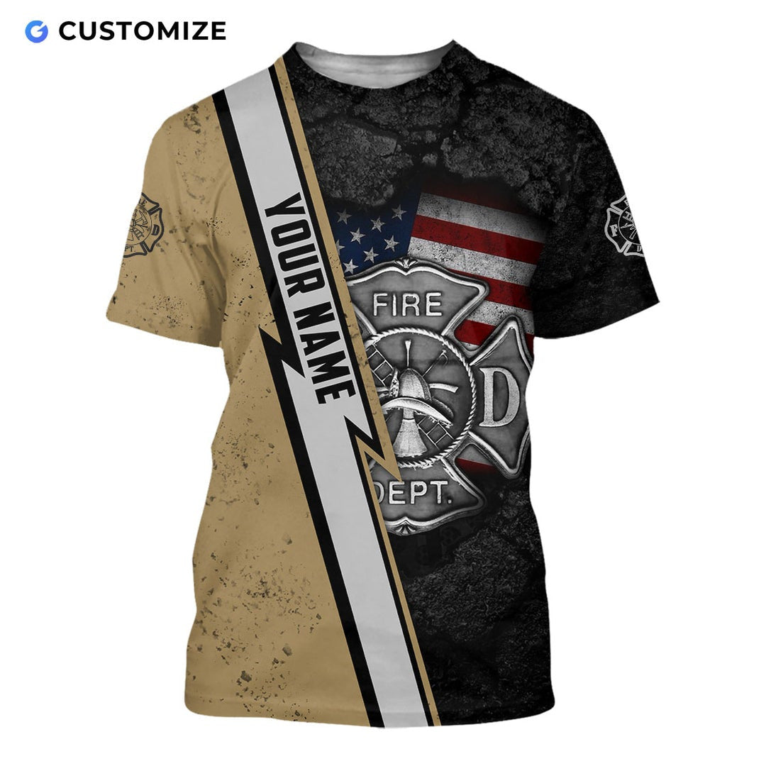 Personalized firefighter t-shirt featuring fire department name stripe all-over print, short-sleeve design
