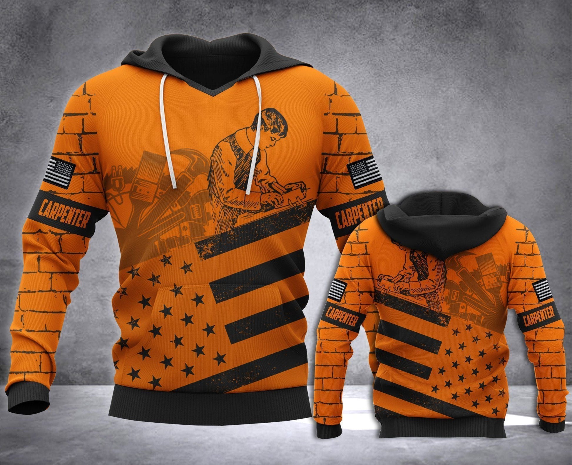 Personalized carpenter hoodie featuring orange brickwork american flag all-over print