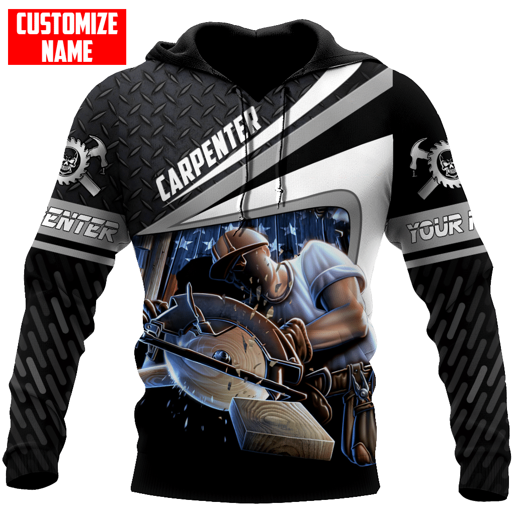Personalized carpenter hoodie featuring black grey diagonal stripes circular saw all-over print