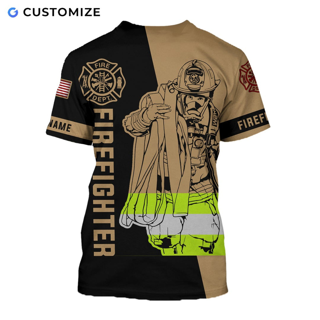 Personalized firefighter t-shirt featuring firefighter rope illustration all-over print, back view
