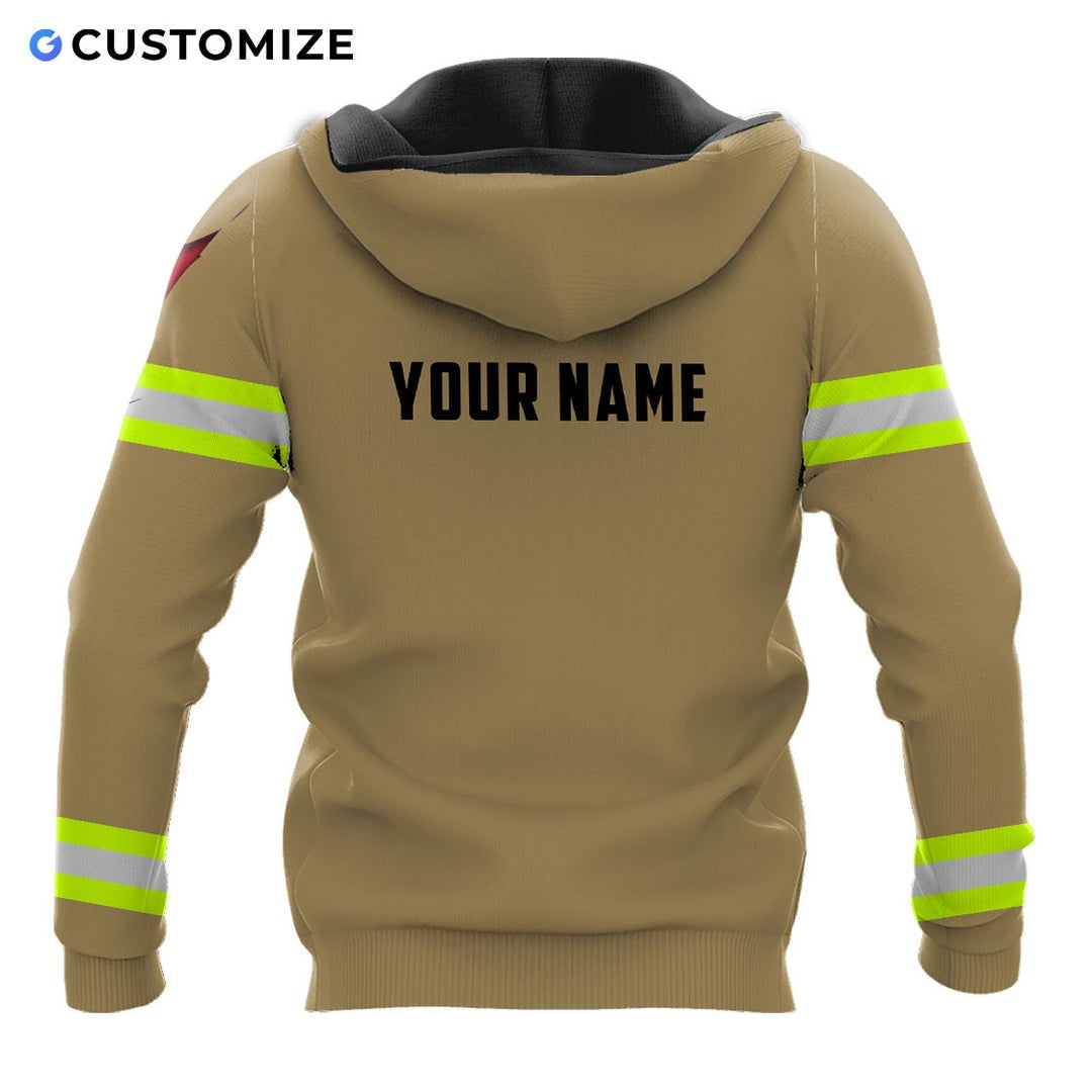 Personalized firefighter hoodie featuring tan american flag fire badge all-over print, back view