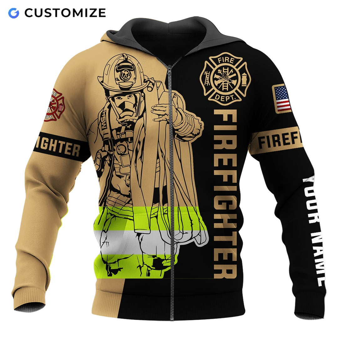 Personalized firefighter zip hoodie featuring firefighter rope illustration all-over print, zip-front design