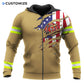 Personalized firefighter zip hoodie featuring tan american flag fire badge all-over print, zip-front design