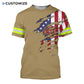 Personalized firefighter t-shirt featuring tan american flag fire badge all-over print, short-sleeve design