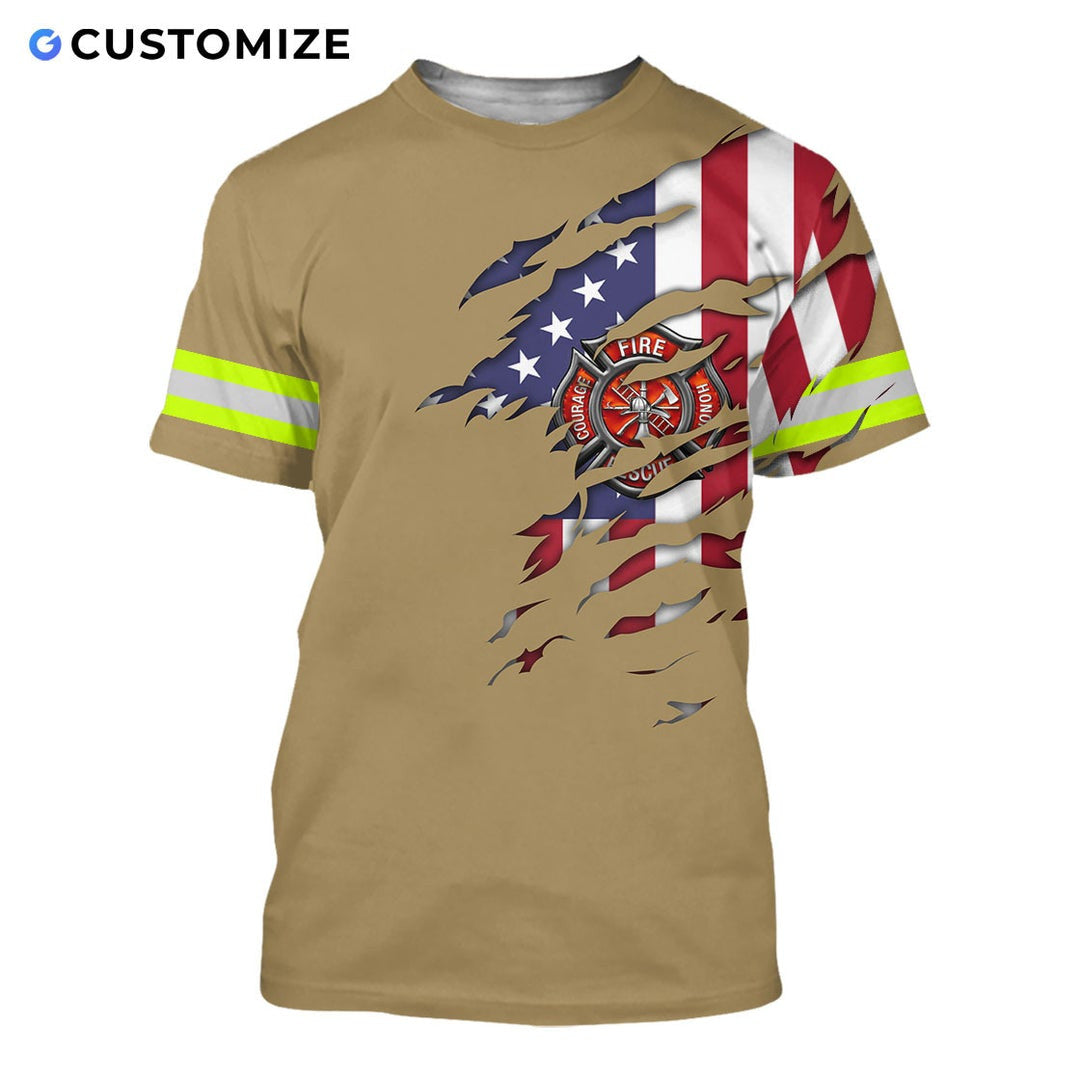 Personalized firefighter t-shirt featuring tan american flag fire badge all-over print, short-sleeve design