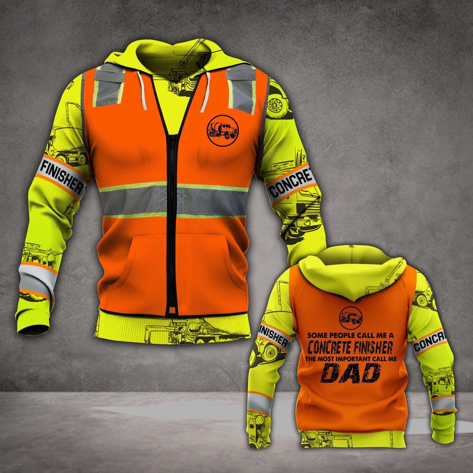 Concrete finisher hoodie featuring orange vest print and concrete finisher dad all-over print