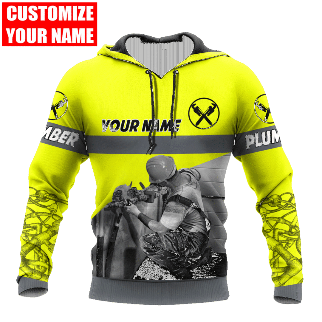 Personalized plumber hoodie featuring yellow plumber at work all-over print