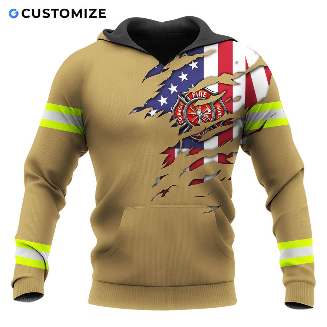 Personalized firefighter hoodie featuring tan american flag fire badge all-over print