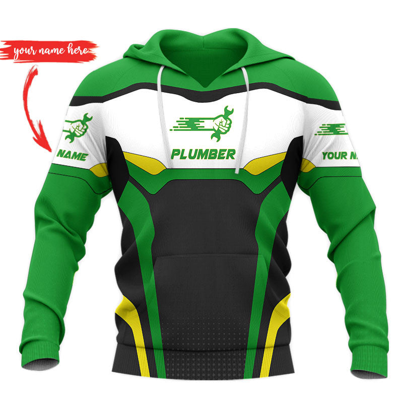 Personalized plumber hoodie featuring green white plumbing badge all-over print