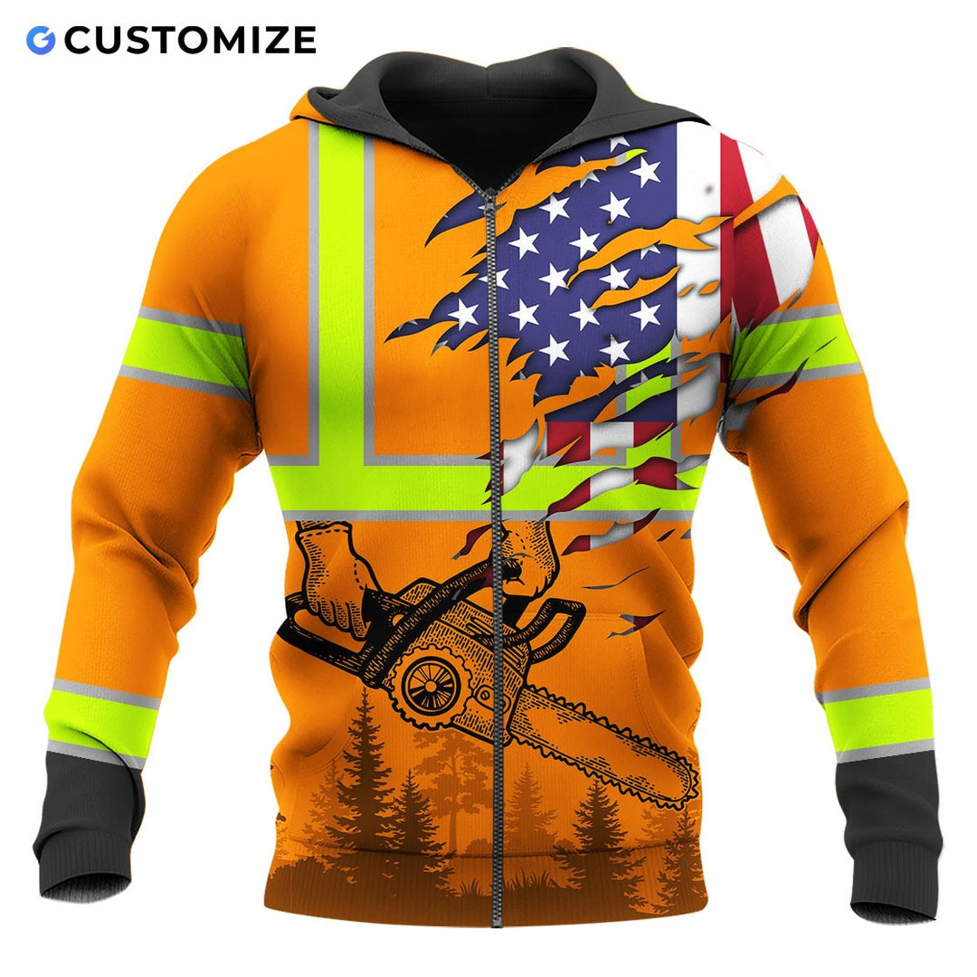 Personalized logger zip hoodie featuring orange american flag crossed chainsaws all-over print, zip-front design