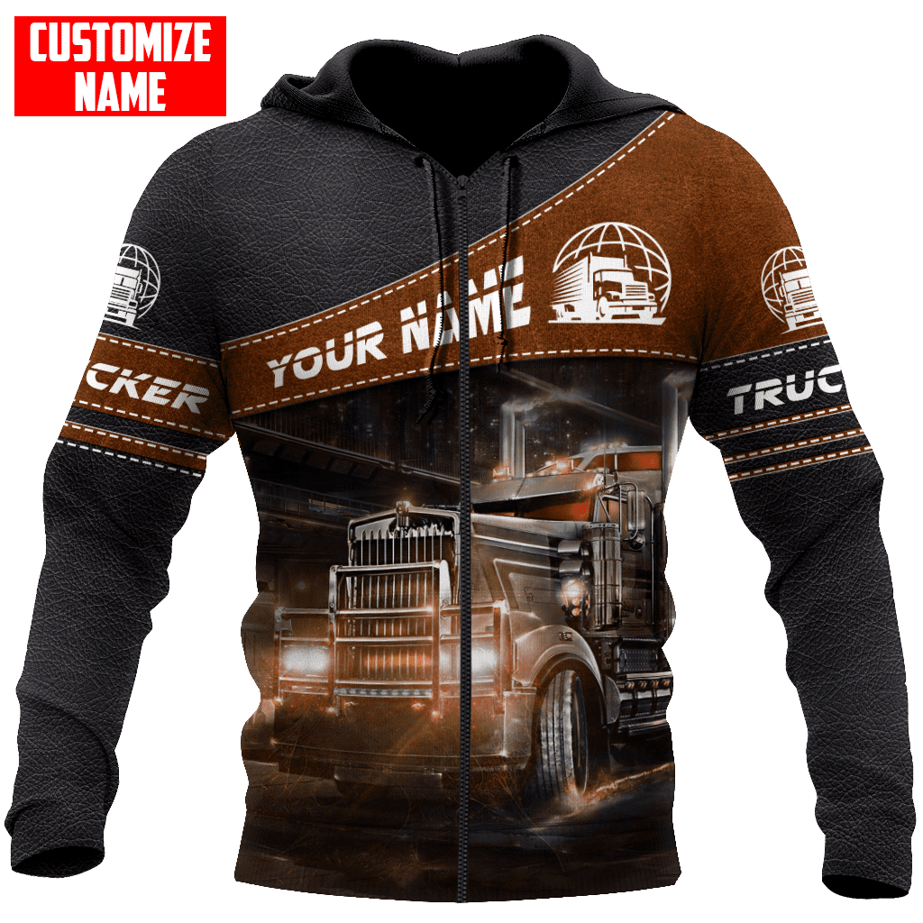Personalized trucker zip hoodie featuring brown diagonal panel semi truck all-over print, zip-front design