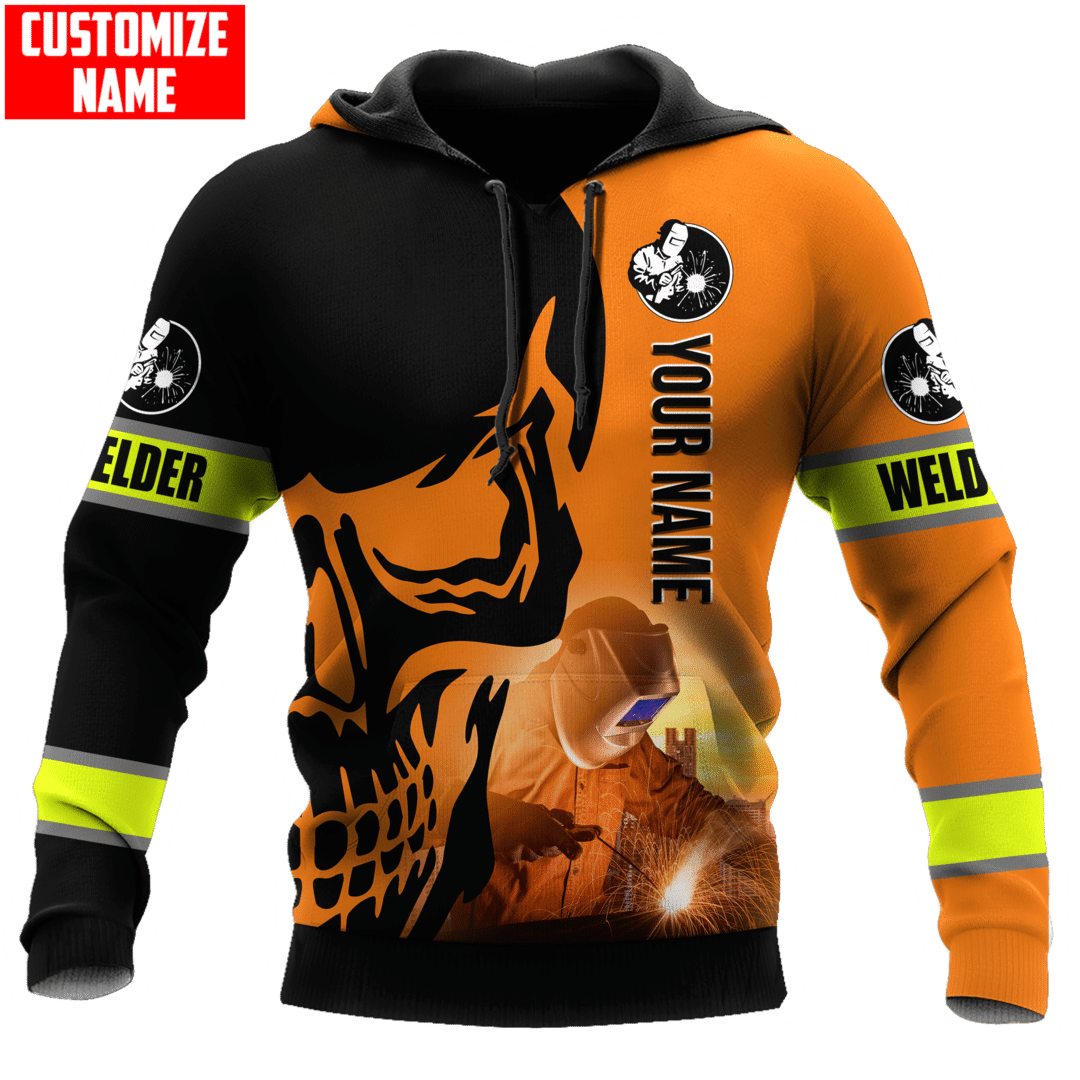Personalized welder hoodie featuring orange black welding skull all-over print