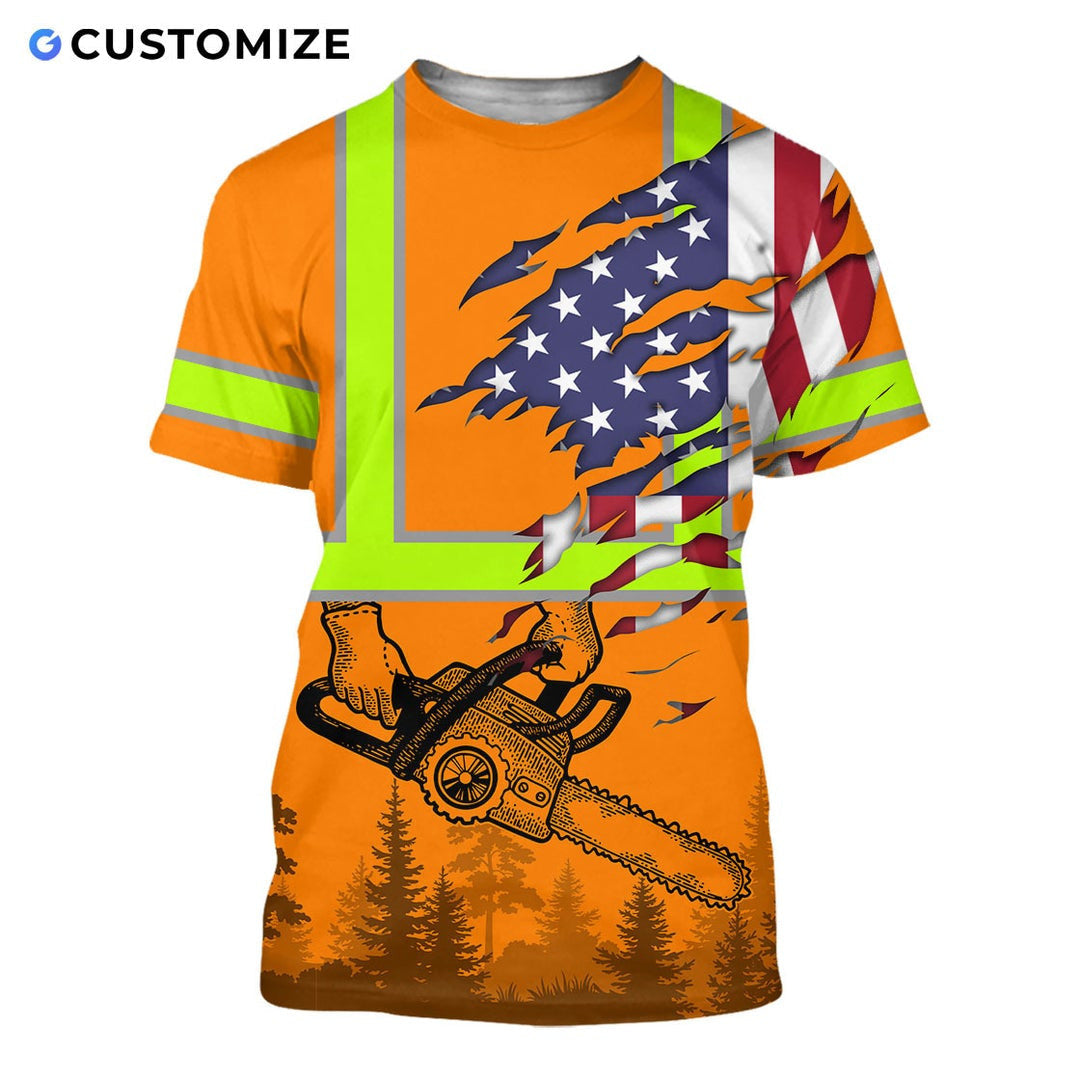 Personalized logger t-shirt featuring orange american flag crossed chainsaws all-over print, short-sleeve design