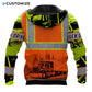 Personalized trucker hoodie featuring orange vest print logging truck all-over print, back view