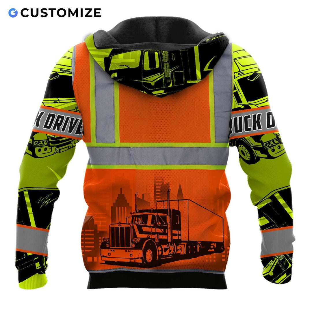 Personalized trucker hoodie featuring orange vest print logging truck all-over print, back view