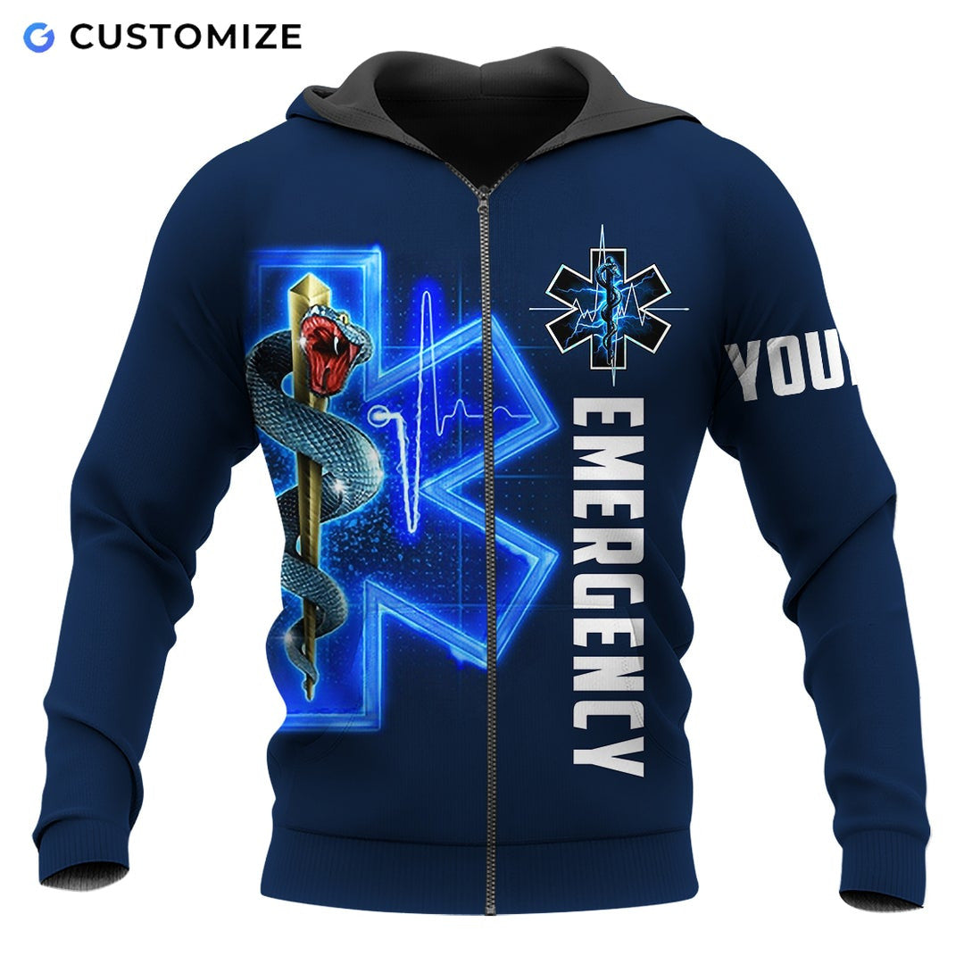 Personalized EMS paramedic zip hoodie featuring blue emergency snake print all-over print, zip-front design