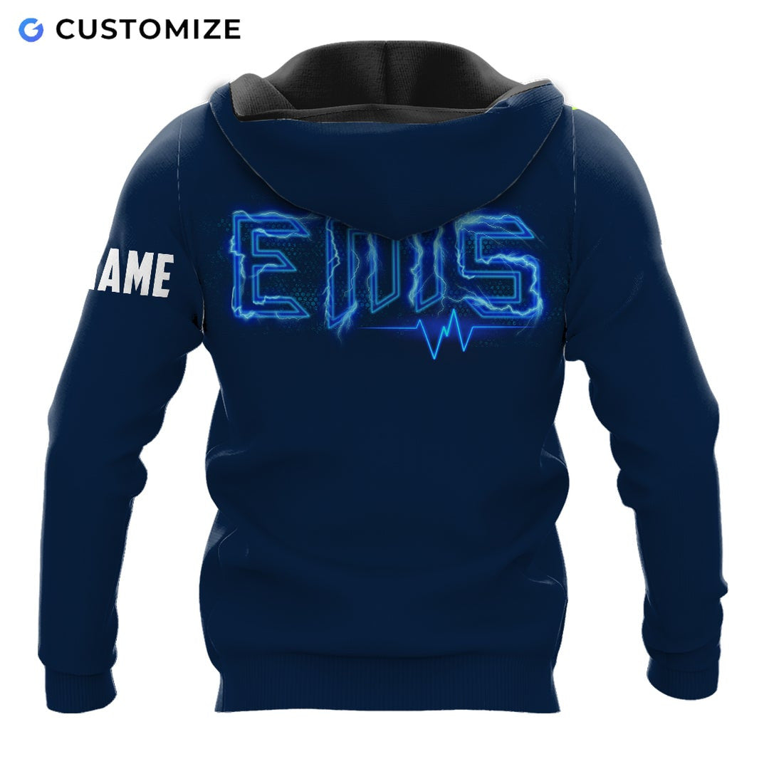 Personalized EMS paramedic hoodie featuring blue emergency snake print all-over print, back view