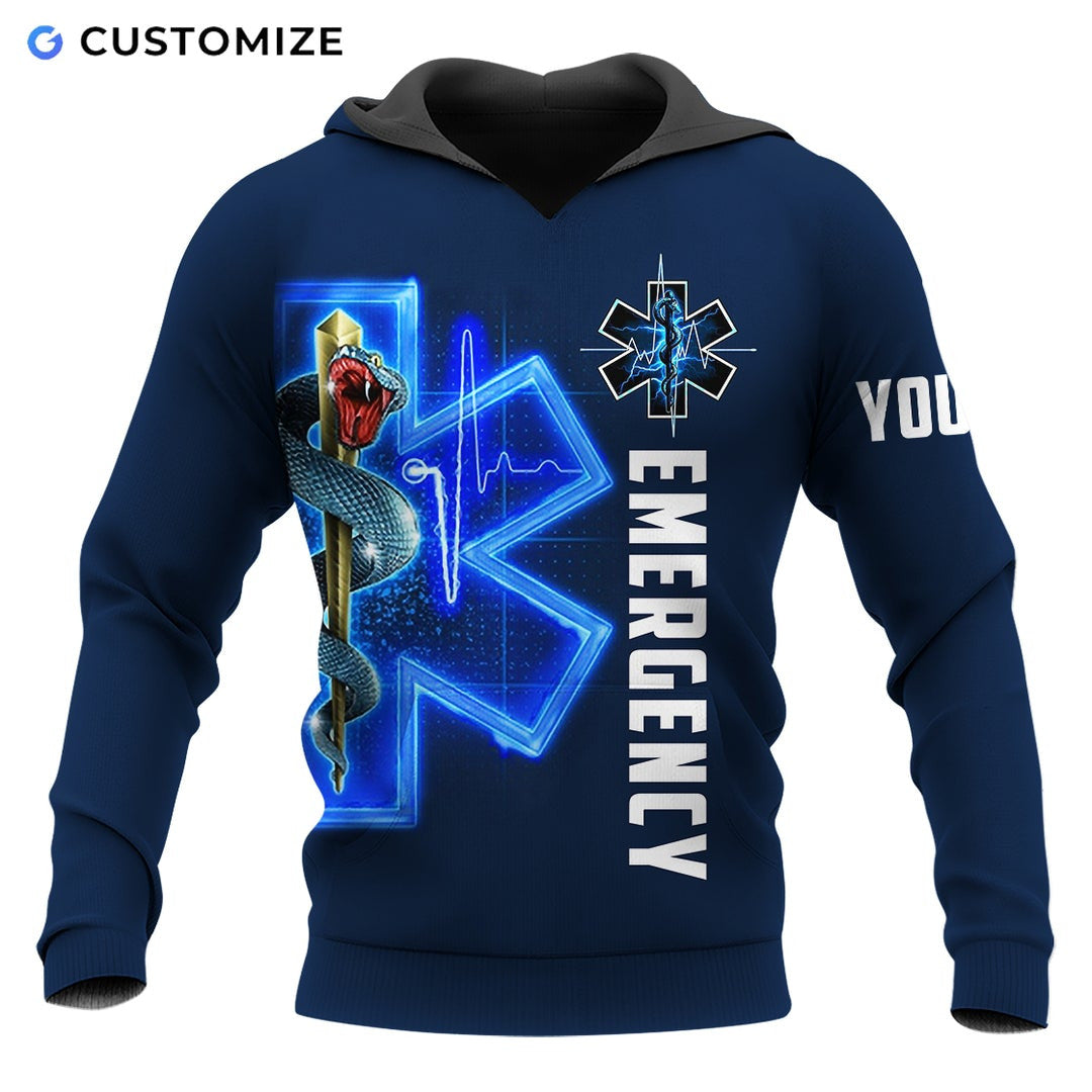 Personalized EMS paramedic hoodie featuring blue emergency snake print all-over print